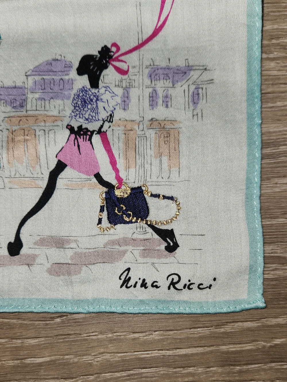 Nina Ricci Cotton Handkerchif with Pink & Aqua Fashion Illustration - Picture 2 of 5
